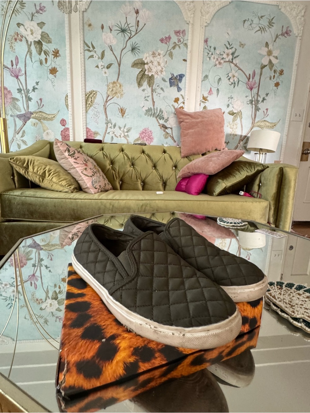 Quilted Slip-On Sneakers in Olive Green